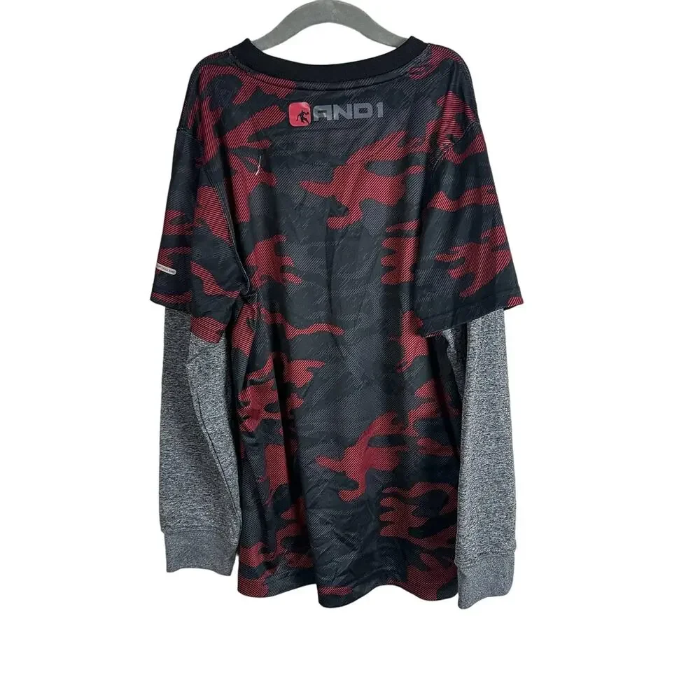 And1 Long Sleeve Layered Basketball Graphic Tech Shirt Red Camo Boys L 10 12